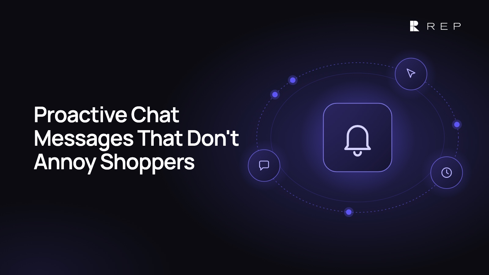 Glowing notification bell orbited by a cursor, a clock and a chat bubble, with the headline Proactive Chat Messages That Don't Annoy Shoppers