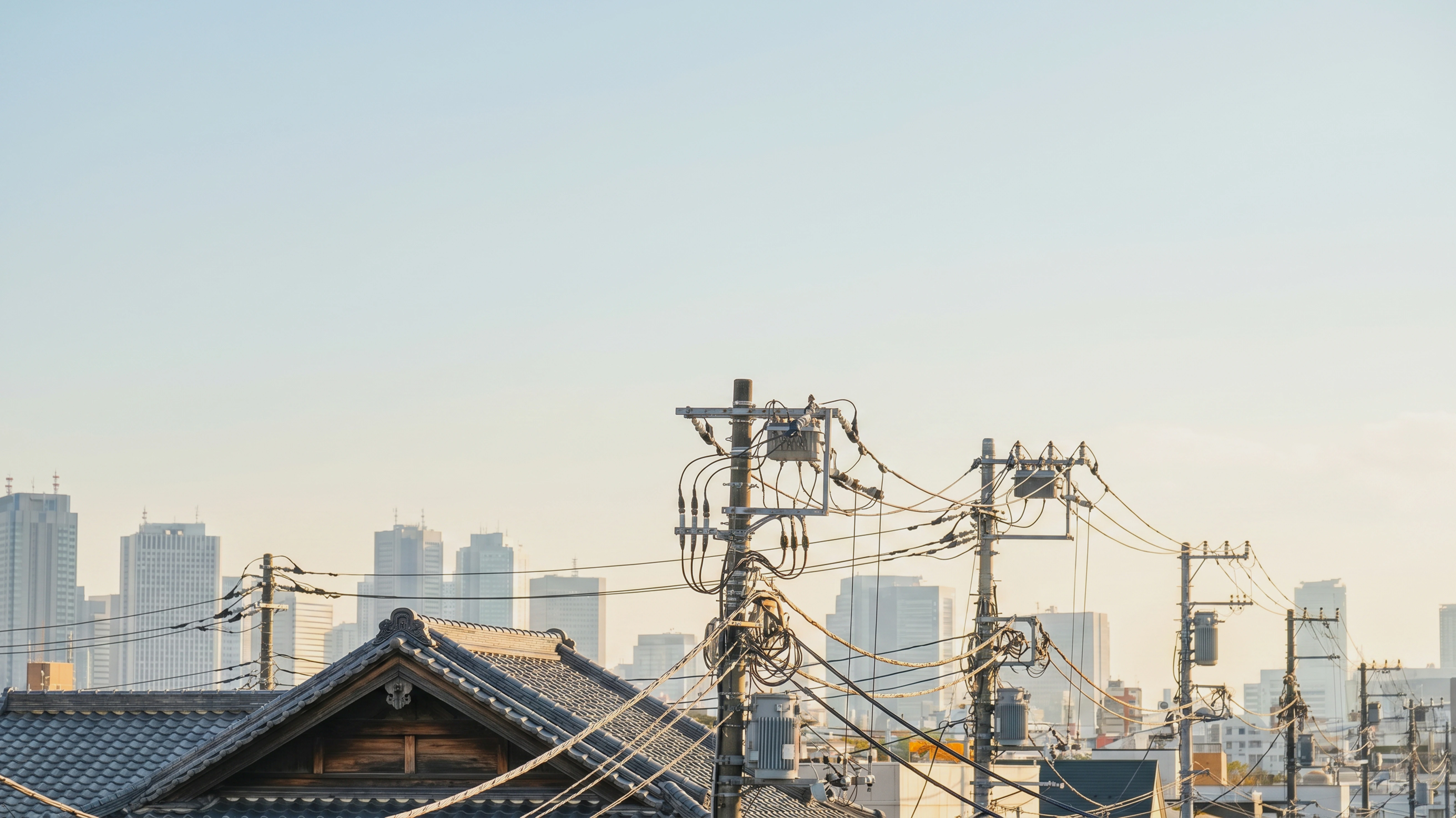 A skyline in the distance with rooftops and electricity poles and wires in the foreground. It is daytime and the sky is light blue. 