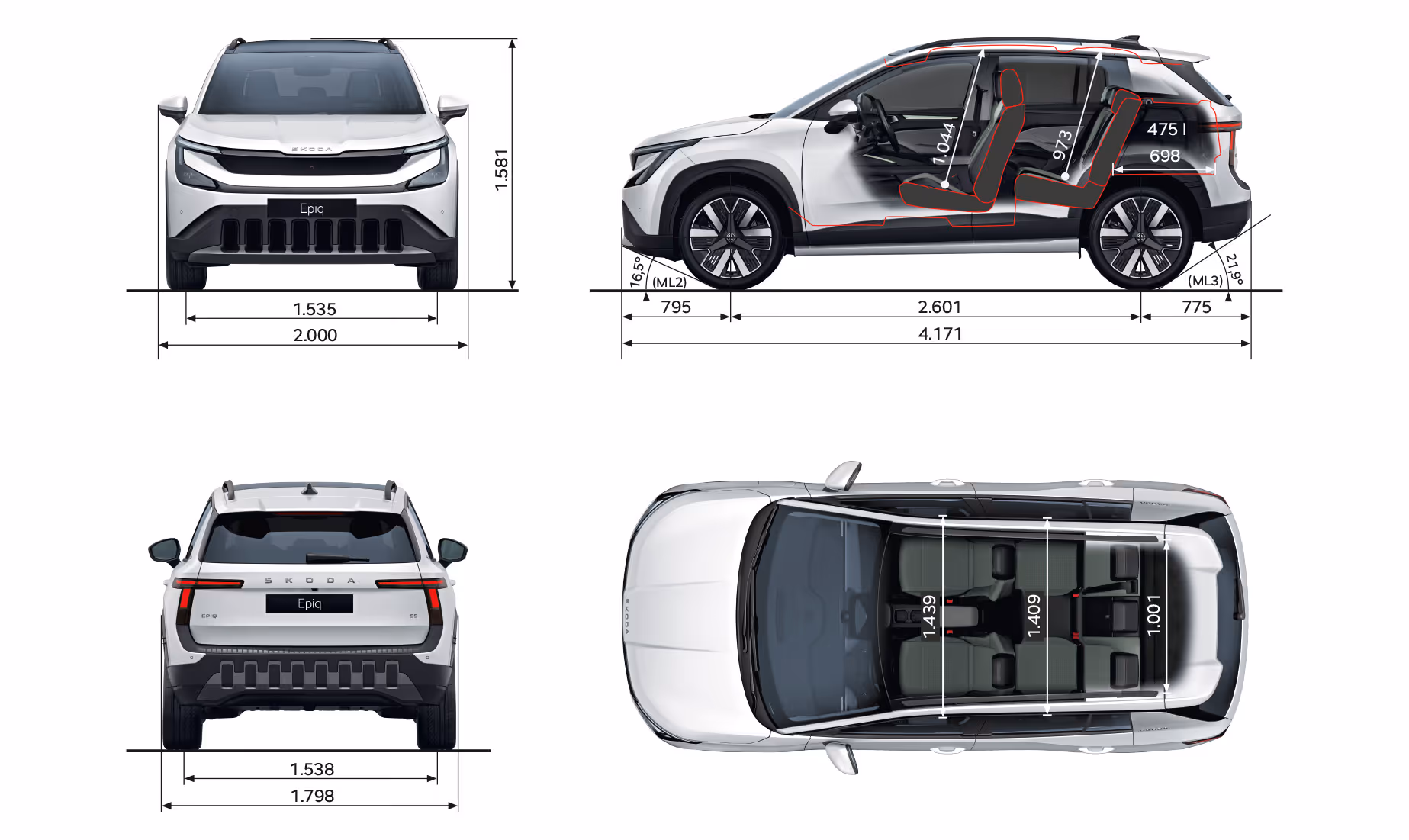 Grafische Darstellung des Škoda Epiq in der Lackierung Platinum-Weiß Metallic aus viererlei Perspektiven: Front-, Heck und Seitenansicht sowie Vogelperspektive. Die Abmessungen des Fahrzeugs werden in den verschiedenen Abbildungen dargestellt.