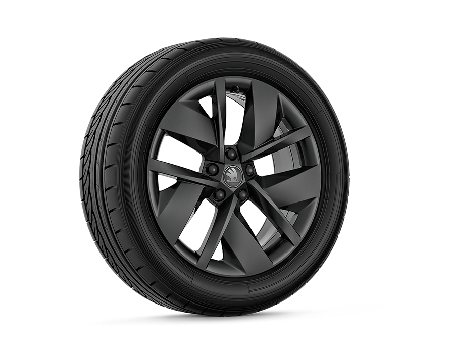 Ein freigestellter Reifen mit 18 Zoll Leichtmetallfelge “Atik schwarz”.