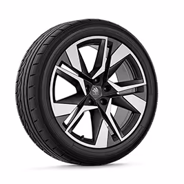 Ein freigestellter Reifen mit 19 Zoll Leichtmetallfelge “Nivalis silber”.