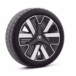 Ein freigestellter Reifen mit 19 Zoll Leichtmetallfelge "Lark Aero schwarz glanzgedreht”.