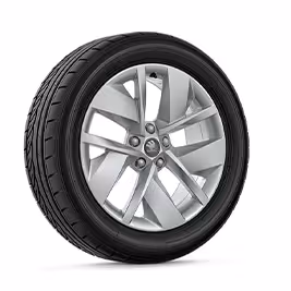 Ein freigestellter Reifen mit 18 Zoll Leichtmetallfelge “Atik silber”.
