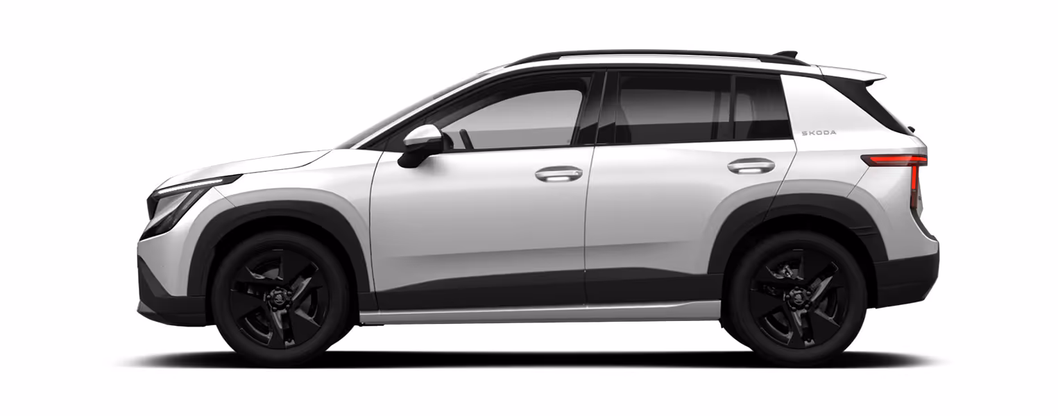 Seitenansicht eines freigestellten Škoda Epiq in der Farbe Plantinum-Weiß Metallic mit 18 Zoll Leichtmetallfelgen “Plover schwarz”.