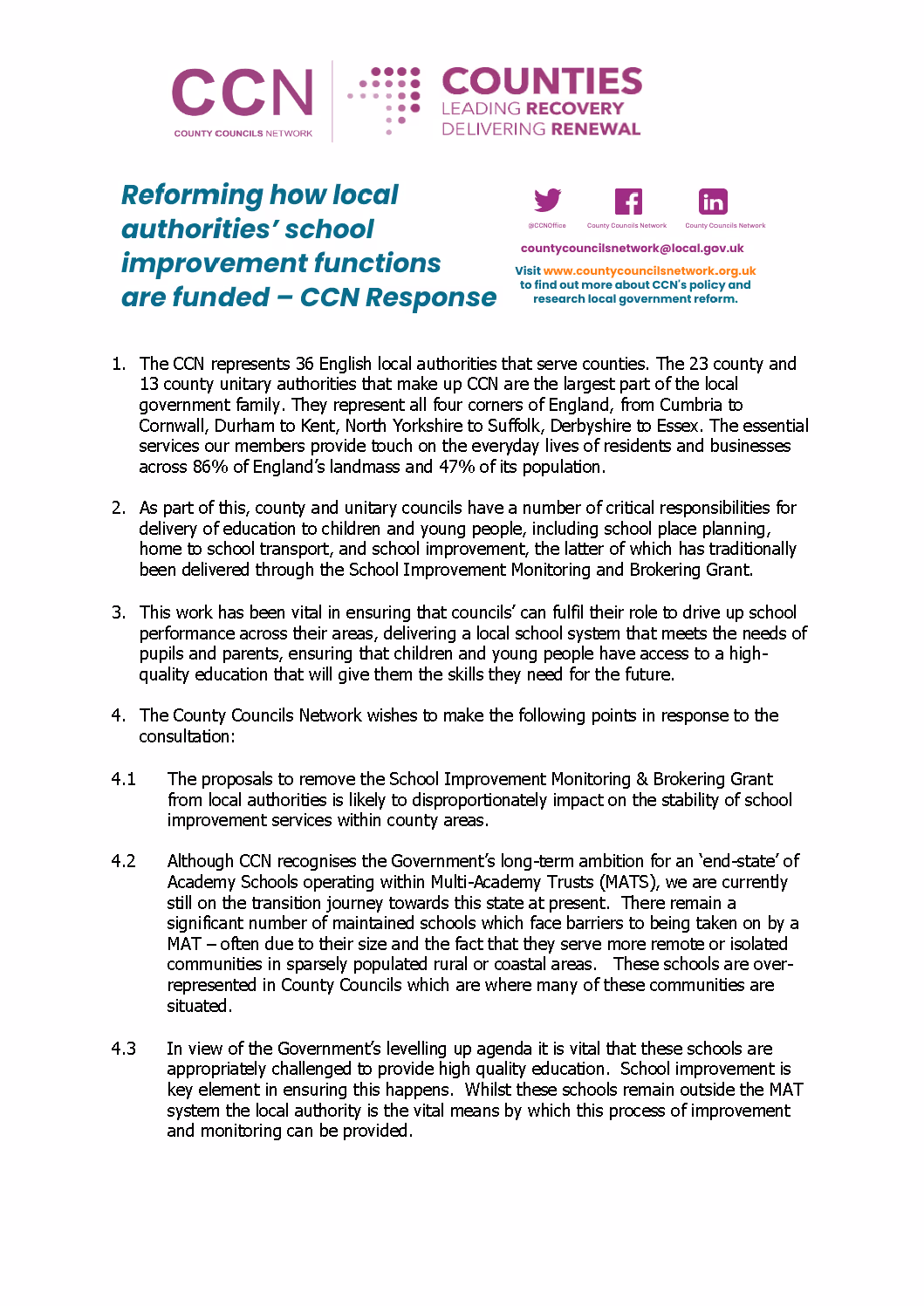 Consultation Response: Reforming how local authorities' school improvement functions are funded