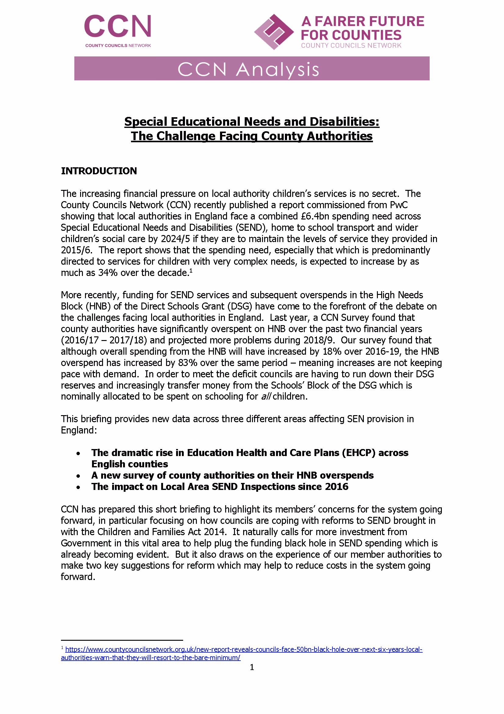 CCN Analysis - Special Educational Needs & Disabilities: The Challenge Facing Counties