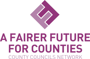A Fairer Future for Counties, County Councils Network logo with geometric symbol.