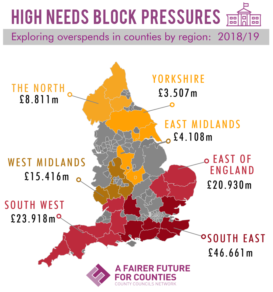 Map of England showing high needs block pressure spending by region in 2018/19, with South East highest at £46.661m