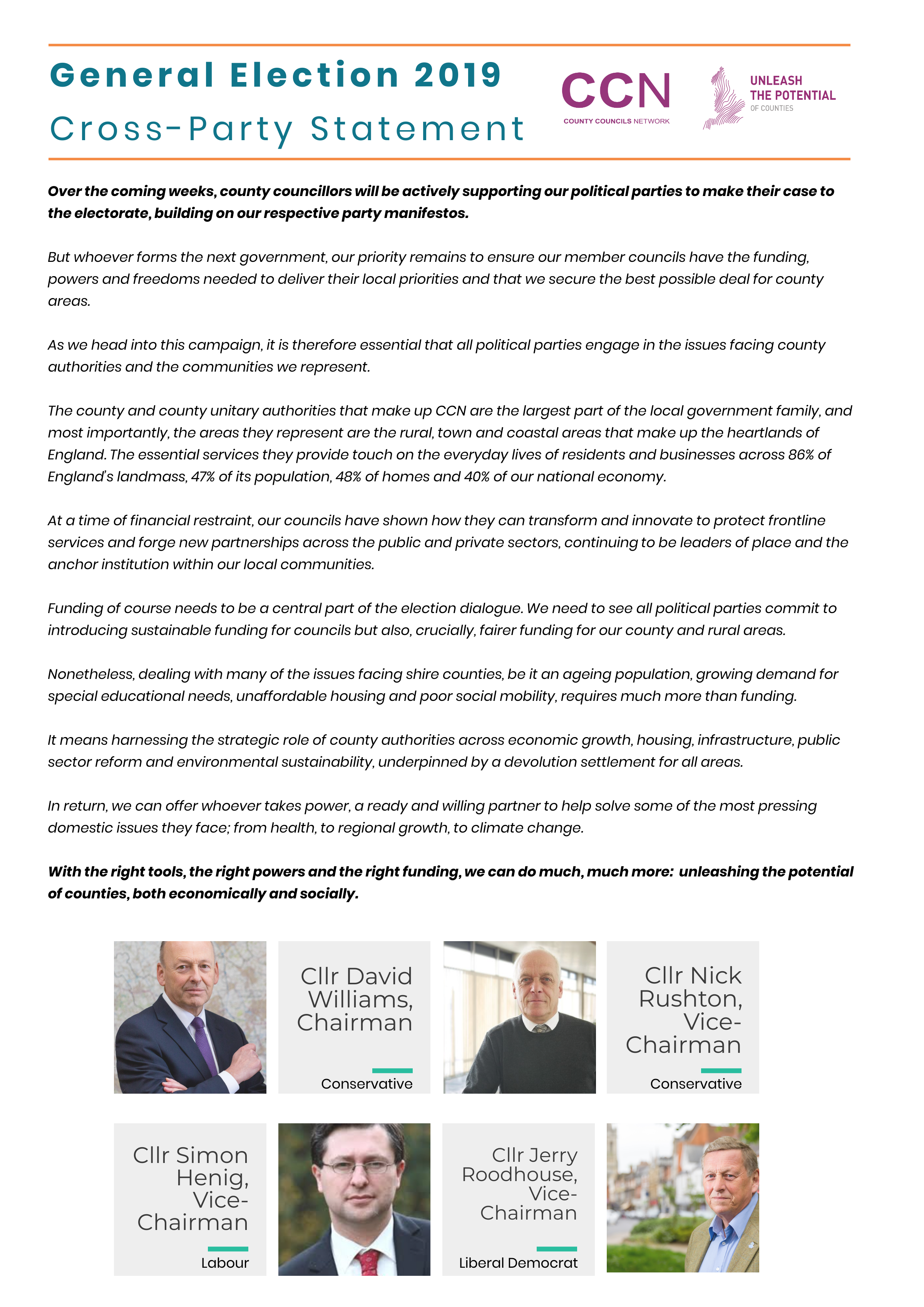 General Election 2019 cross-party statement document from County Councils Network with four council leaders.