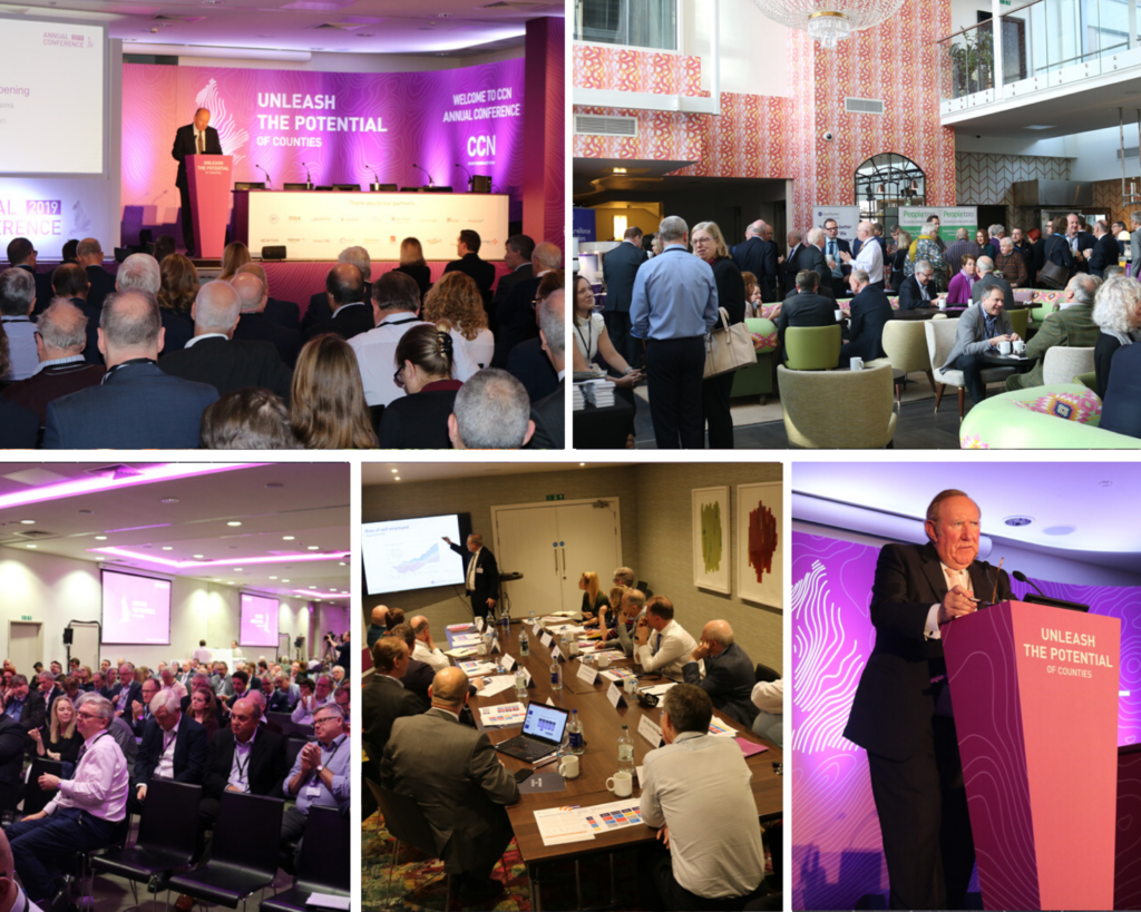 Professional conference event with speakers, audience, presentations, and networking across multiple venues.