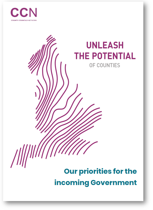 CCN County Councils Network logo with purple wavy lines and text "Unleash the potential of counties, our priorities for the incoming Government"