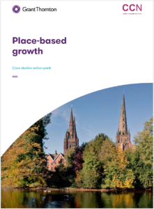 Twin gothic church spires rise above trees and water in Place-based Growth report cover