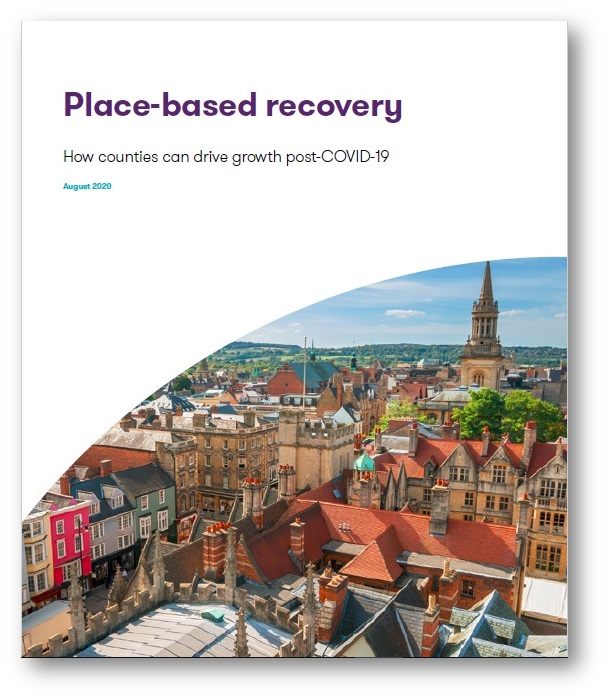 Place-based recovery document cover showing historic European town aerial view, August 2020