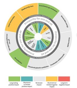 Circular sustainability diagram with concentric rings showing environmental and social responsibility metrics.
