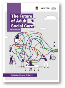 Cover of "The Future of Adult Social Care" report showing colorful network paths and illustrated figures
