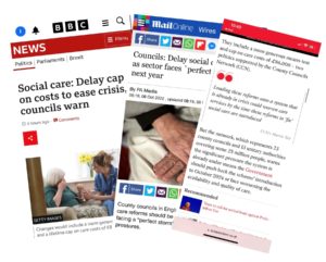 Newspaper clippings and online articles about social care news displayed in collage format.
