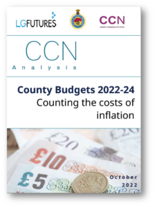 County Budgets 2022-24 report cover showing inflation costs analysis with UK currency notes