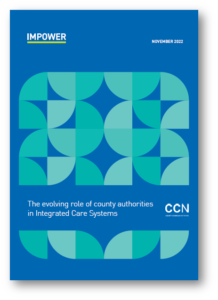 Blue and teal geometric pattern on IMPOWER Integrated Care Systems report cover