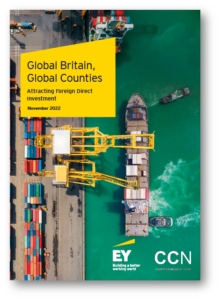 Aerial port view with shipping containers and cranes, Global Britain branding material.