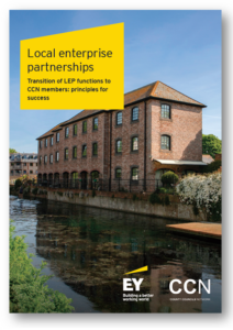 Waterfront brick building by canal with local enterprise partnerships yellow text overlay