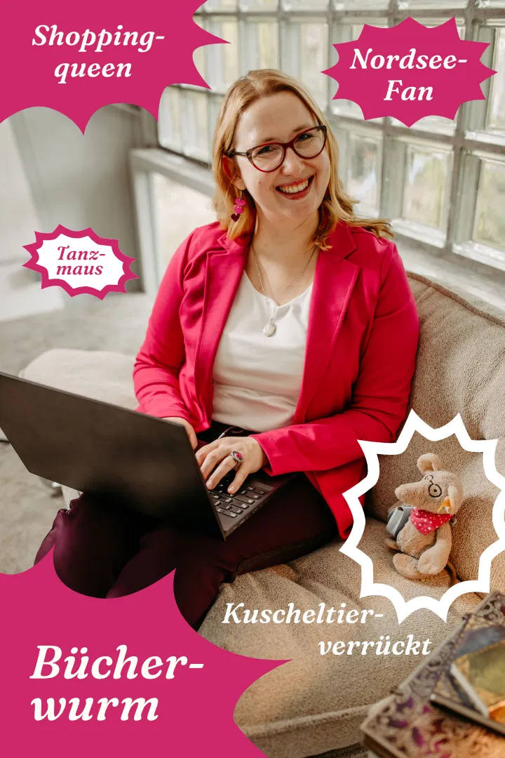 Smiling Louisa Hoffschult in pink blazer using laptop on couch with stuffed animal Liesel Leseratte beside her.