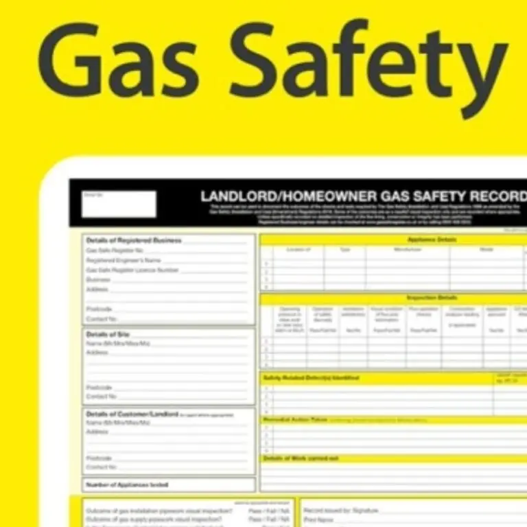 Gas safety record form with sections for property details, appliances, safety checks, and engineer comments.