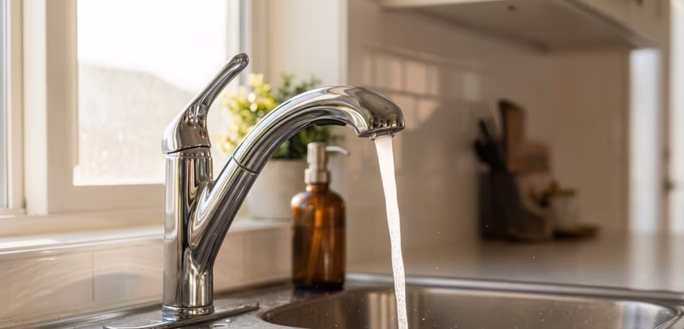 A kitchen faucet with running water next to a brown soap dispenser.