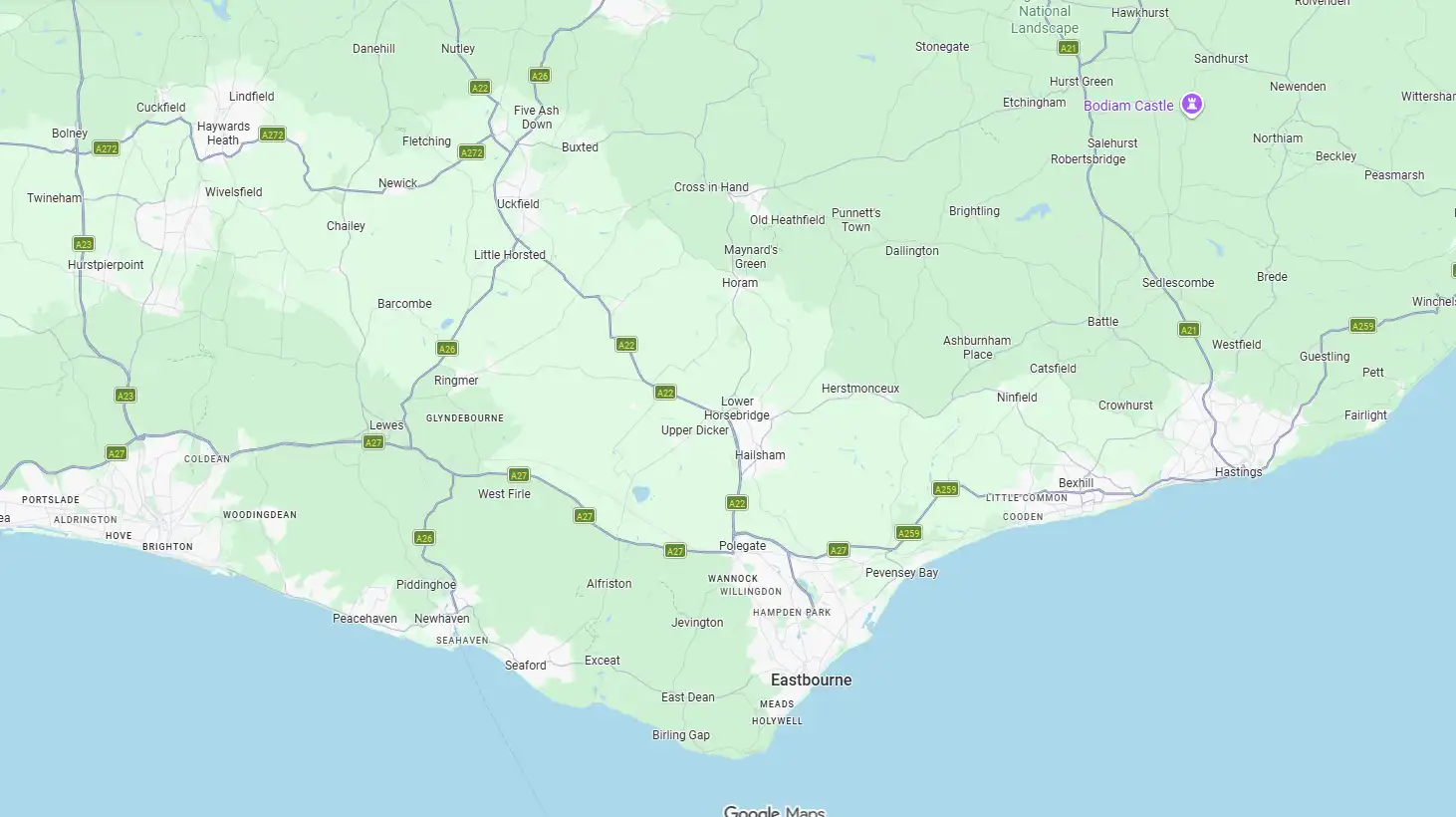 Map showing towns and roads in the southeastern part of England, including Eastbourne and Hastings.