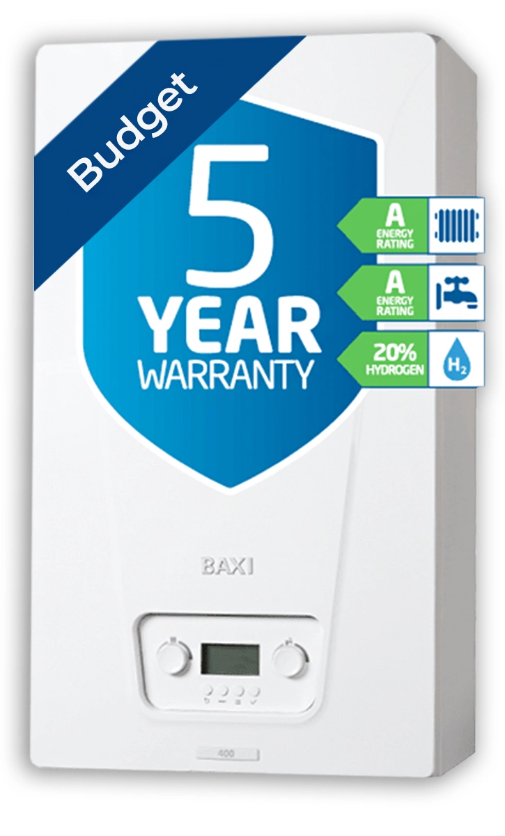 White boiler unit displaying a "5 Year Warranty" badge and energy efficiency icons on the front.