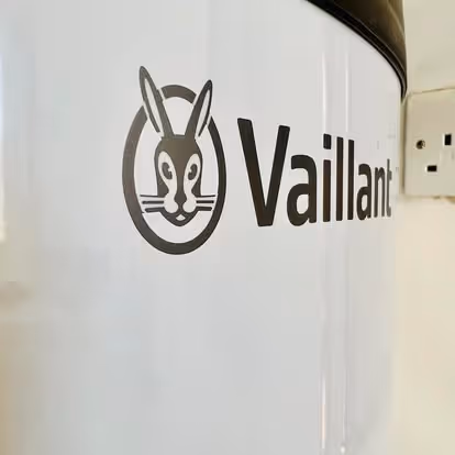 A water heater with the Vaillant logo and a rabbit design is mounted on the wall.