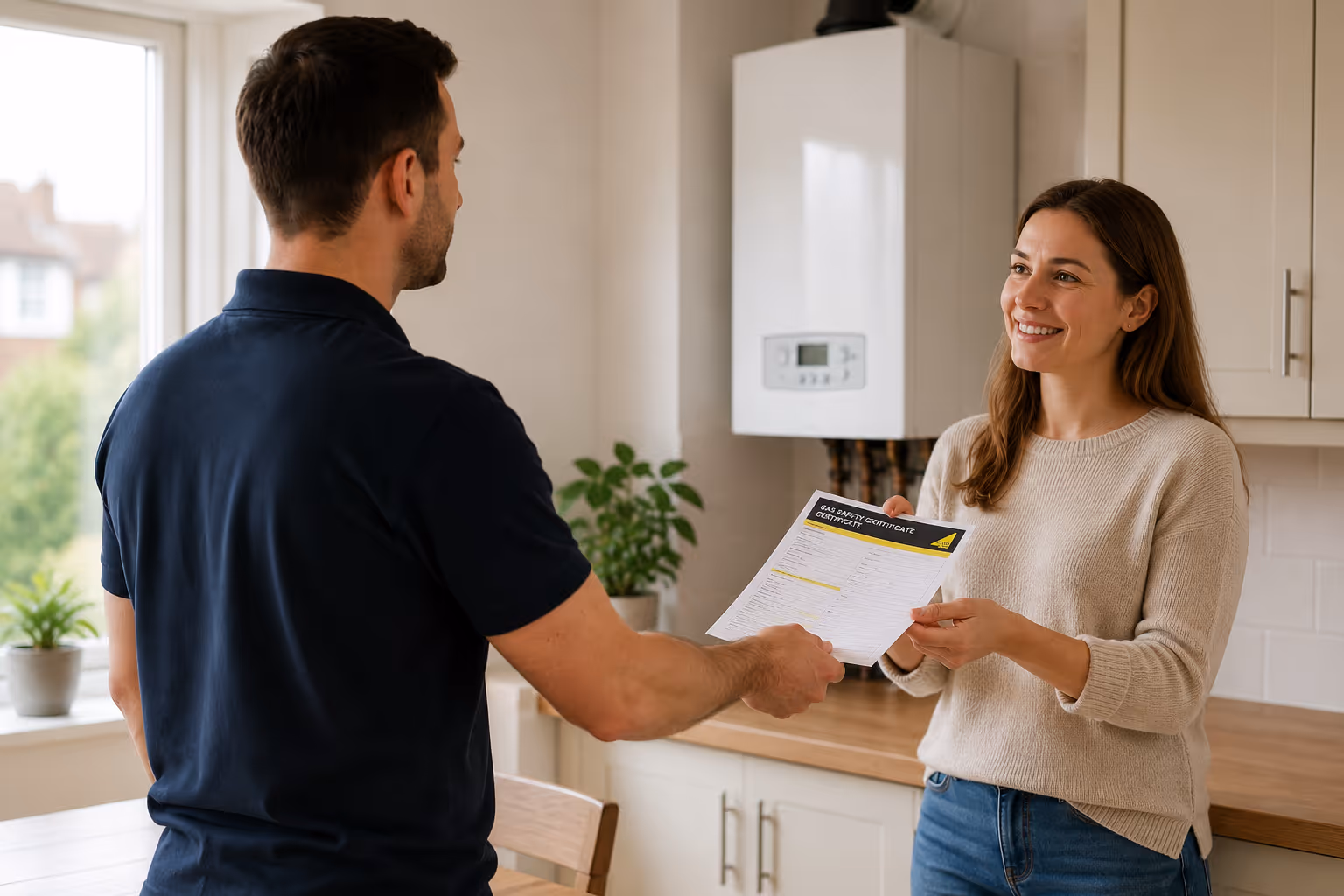 A woman smiles while receiving a document from a man in a kitchen.