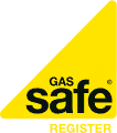 Yellow and black triangular logo with the words "Gas Safe Register."