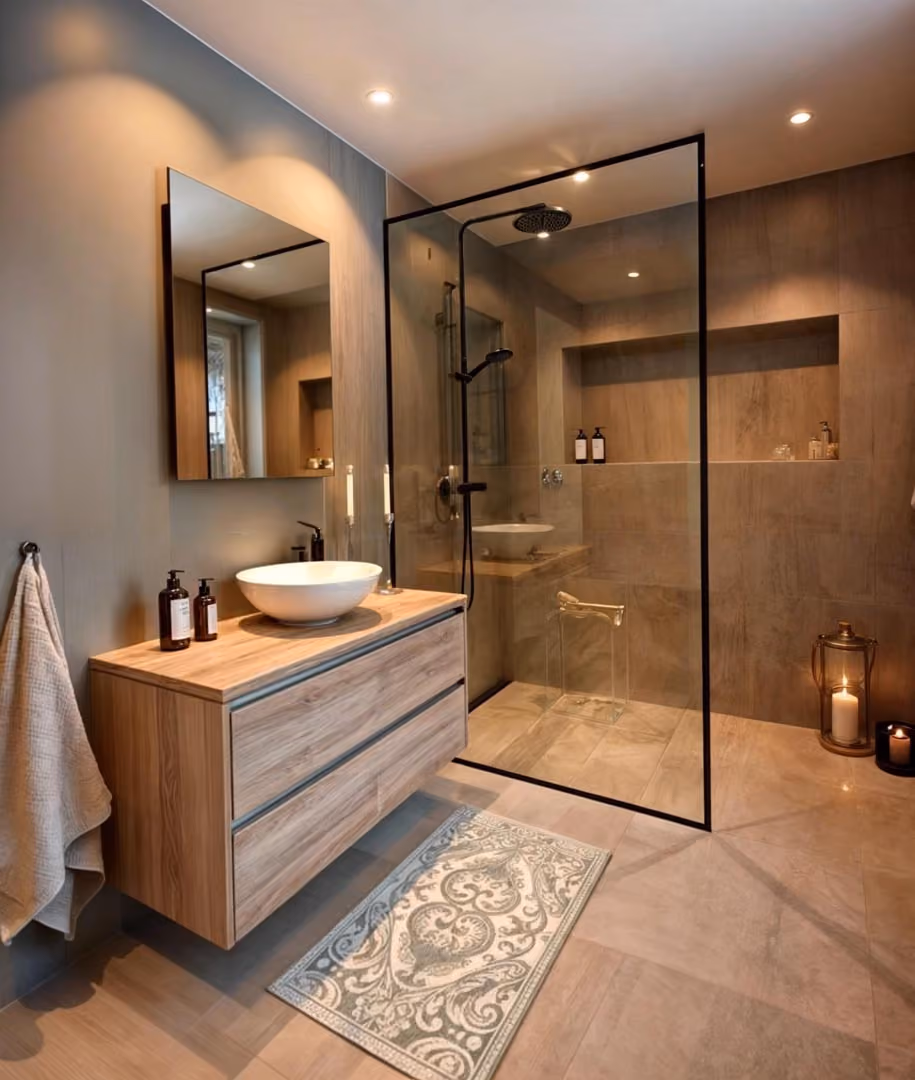 Modern bathroom with a wooden vanity, round sink, and glass-enclosed shower. Candles add soft lighting.