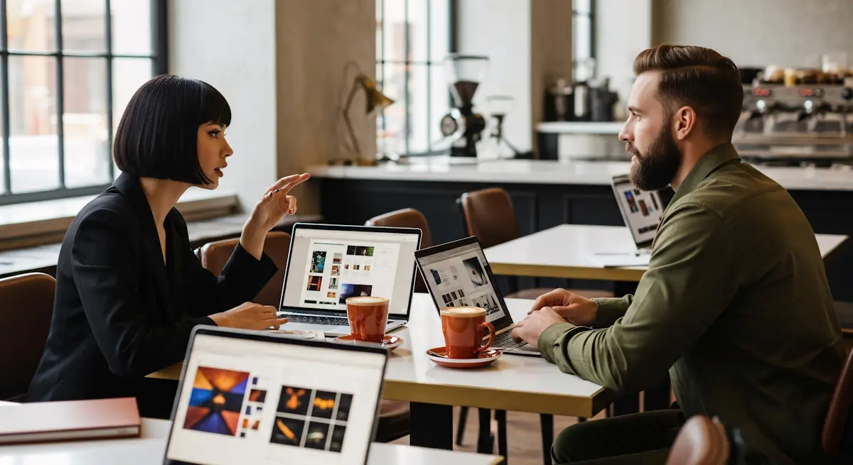 Two professionals discussing ideas during a creative meeting in a modern office