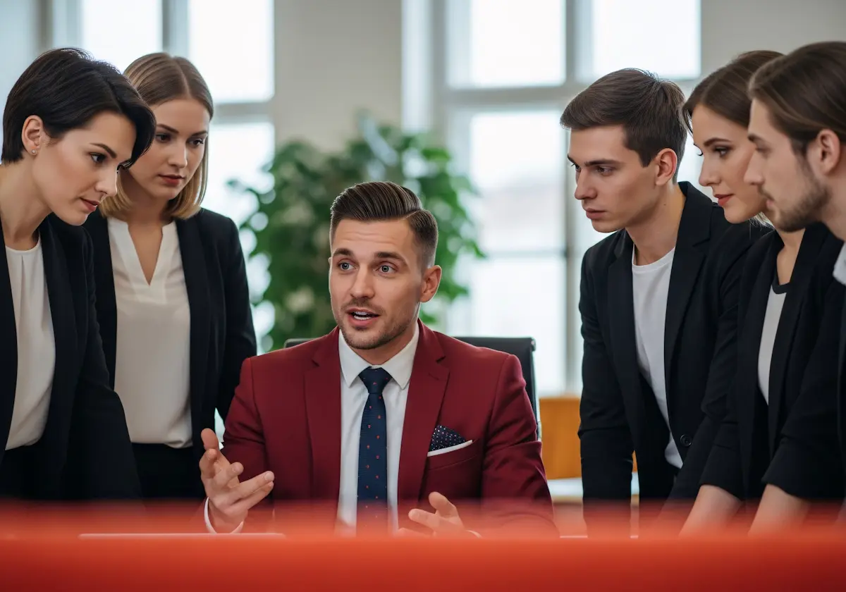 Office team discussing strategy during a leadership meeting