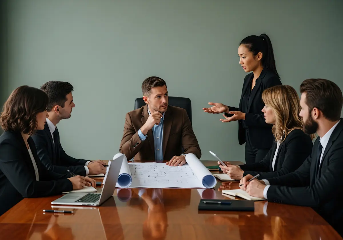 Six businesspeople in a meeting around a table with blueprints, discussing and taking notes.