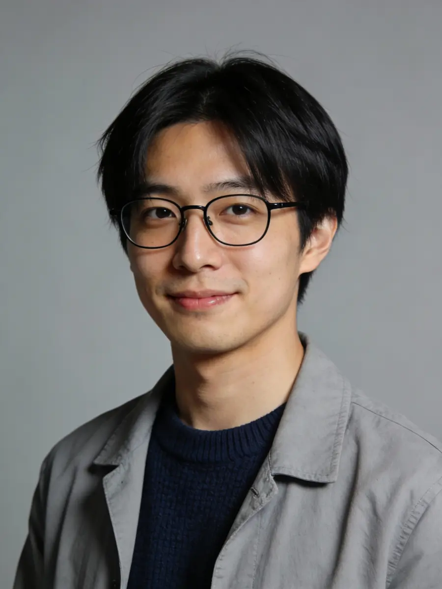 Young man with black hair and glasses wearing a gray jacket and navy sweater against gray background.