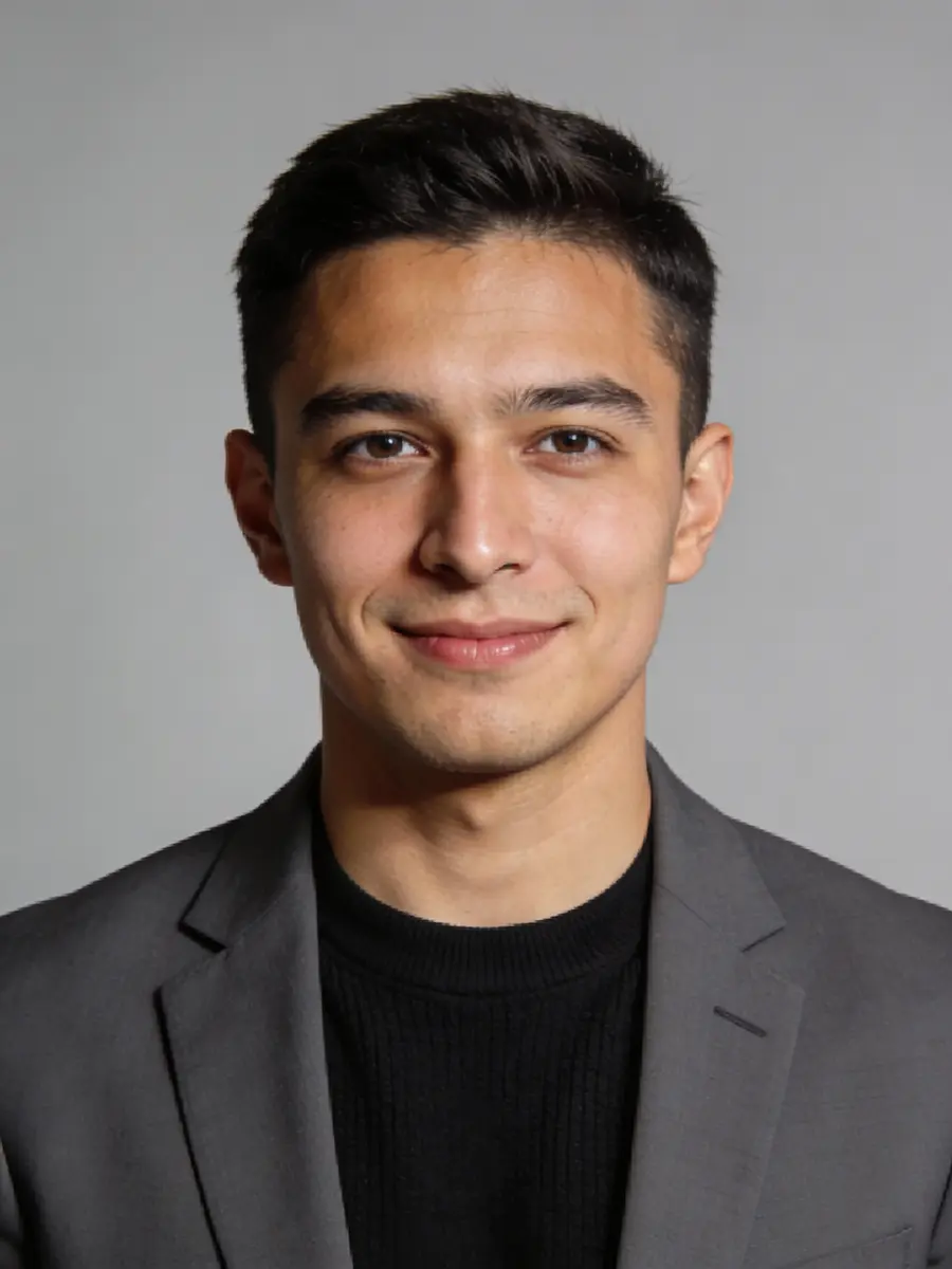 Smiling young man with short dark hair in a gray blazer and black sweater against a neutral background.