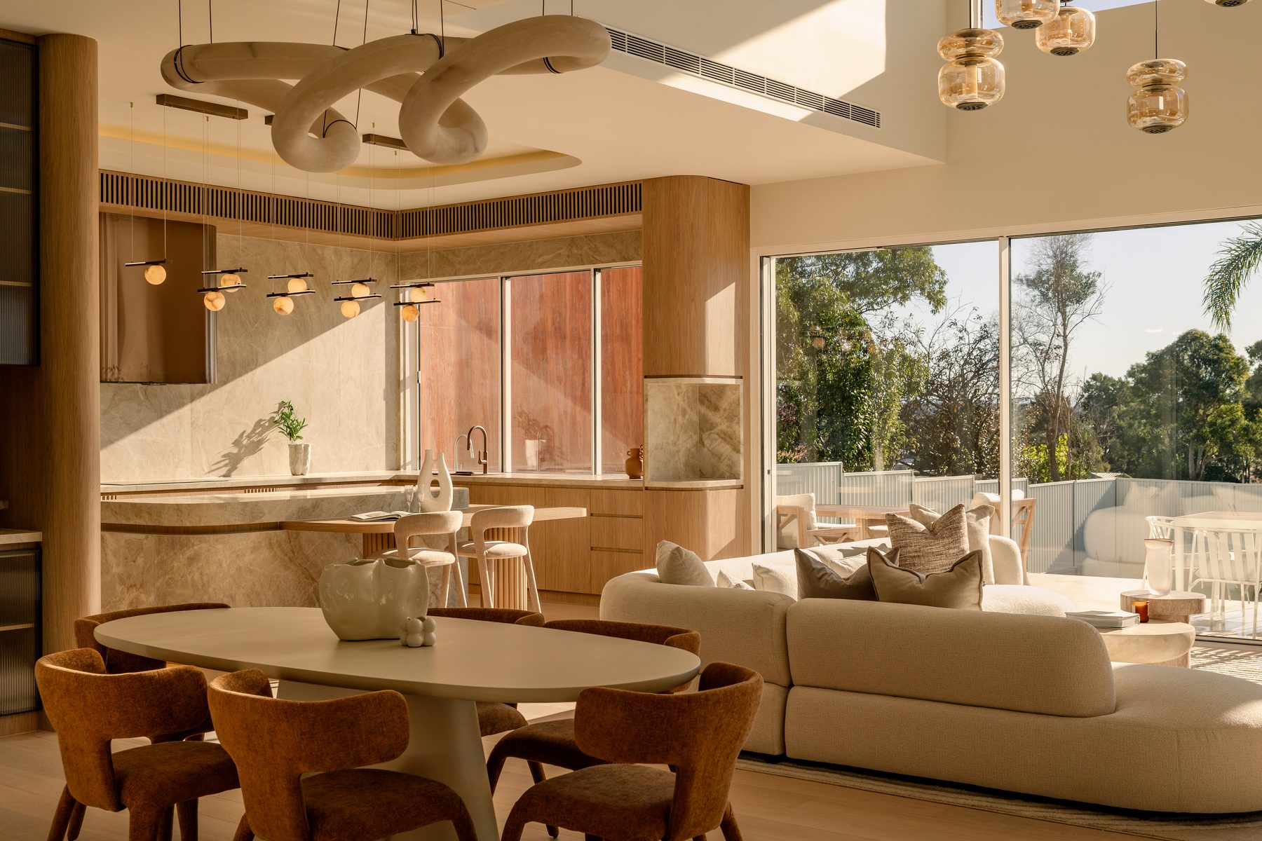 Open plan living, dining and kitchen with sculptural ceiling installation, Girraween House