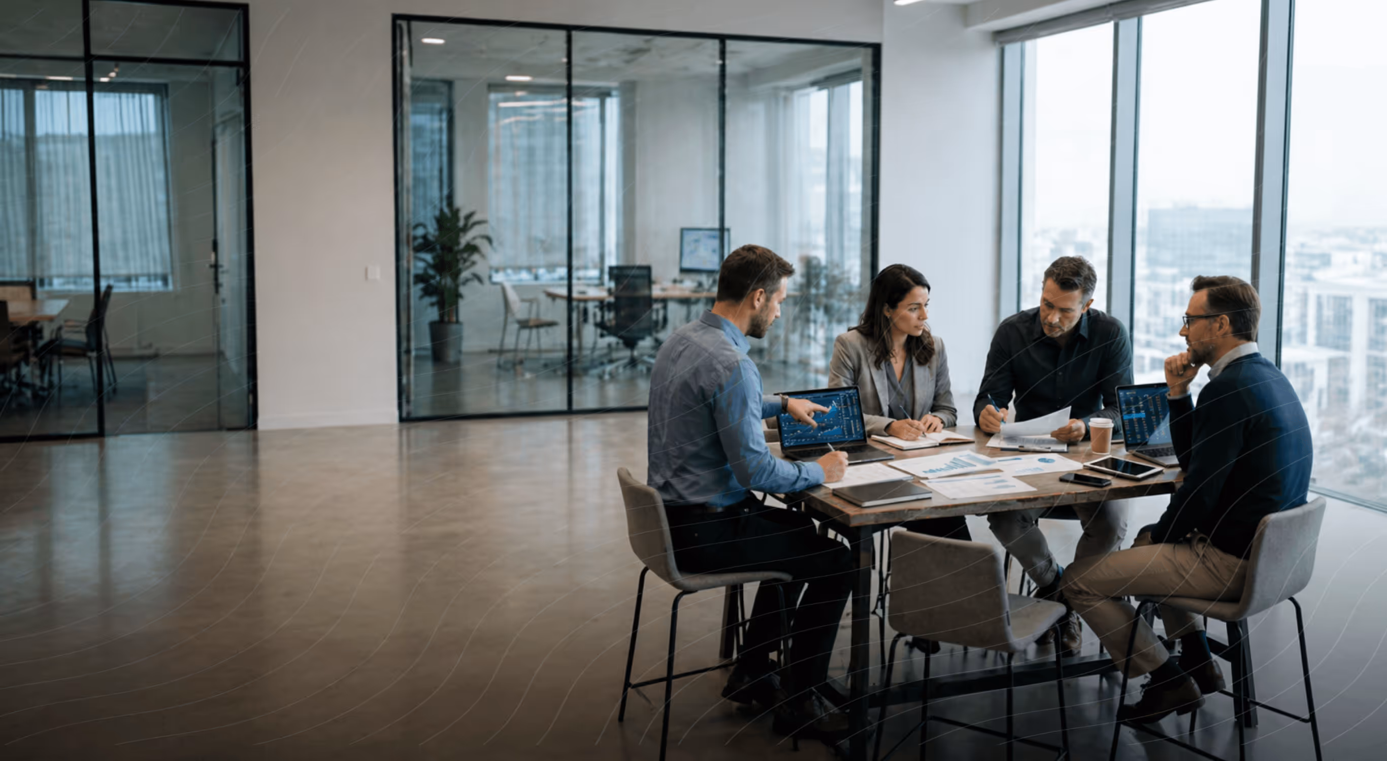 Four professionals working together around a table with laptops and documents in a modern office.