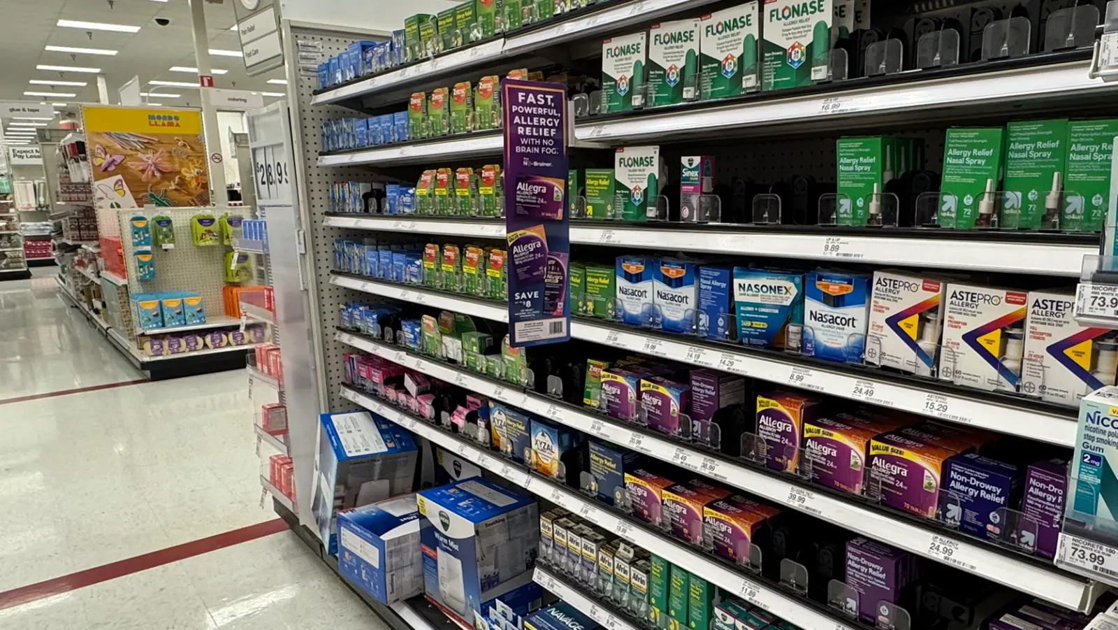Drugstore allergy products on a shelf