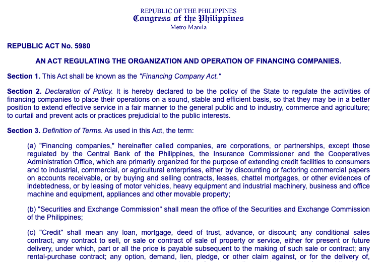Republic Act No. 5980, Financing Company Act, regulating financing companies in the Philippines.
