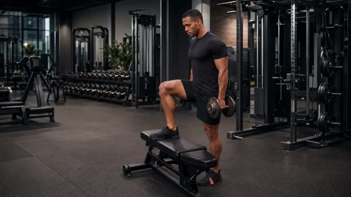 Dumbbell step-up exercise onto a bench for hamstring and glute strength