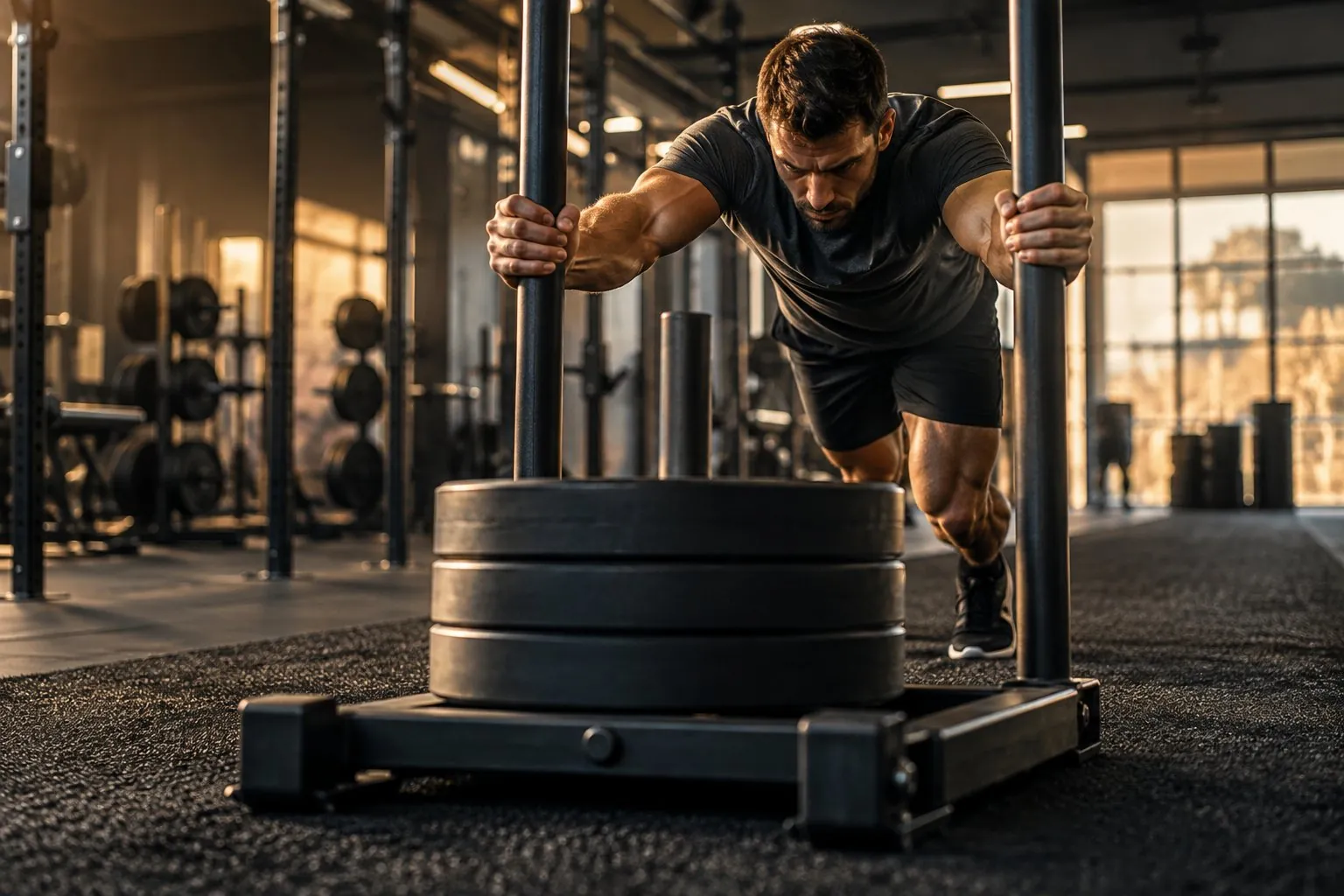 Athlete pushing a weighted sled, one of the eight HYROX workout stations