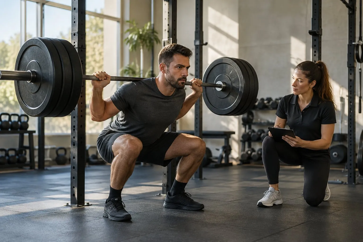 Athlete performing a barbell back squat while a physiotherapist assesses technique