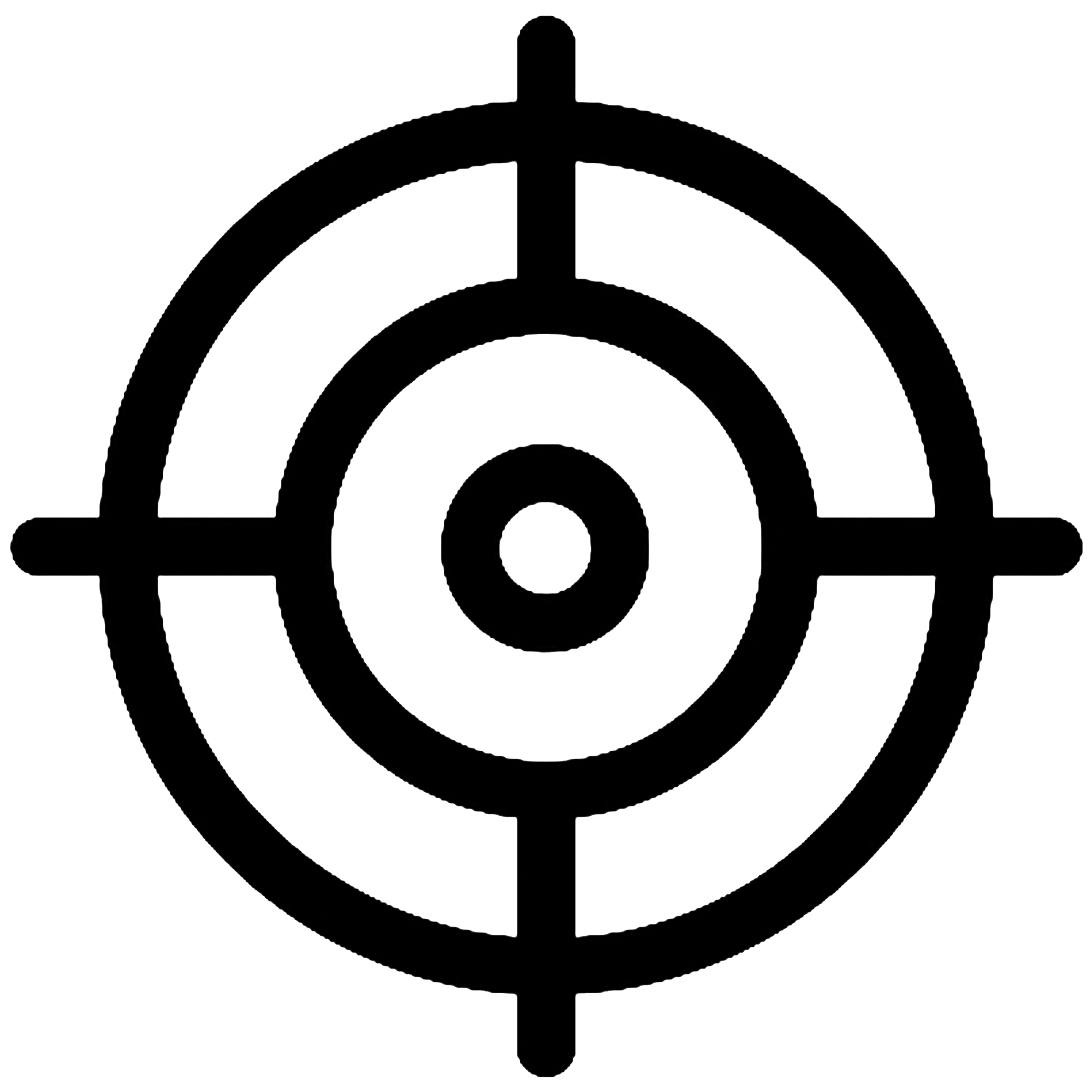 Black target or crosshair symbol with concentric circles and four extending lines on a white background.