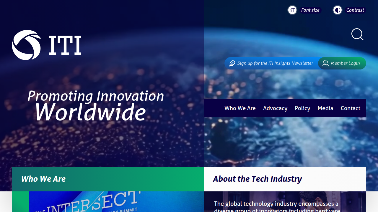 A homepage screenshot of ITIC, a trade association focusing on information technology, relevant to policy and authentication of AI content.