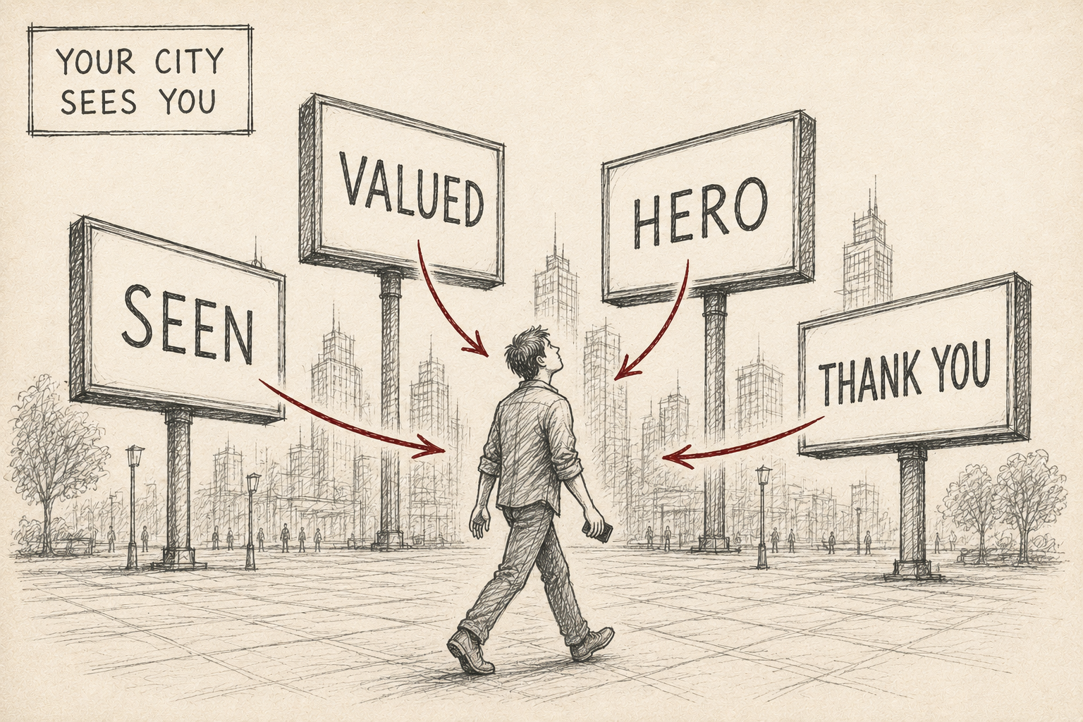Hand-drawn pencil sketch of a person walking through a city plaza, looking up at billboards displaying the words SEEN, VALUED, HERO, and THANK YOU with red arrows pointing toward them. A small label box reads 'Your city sees you.' A smartphone is held loosely at the person's side, ignored.
