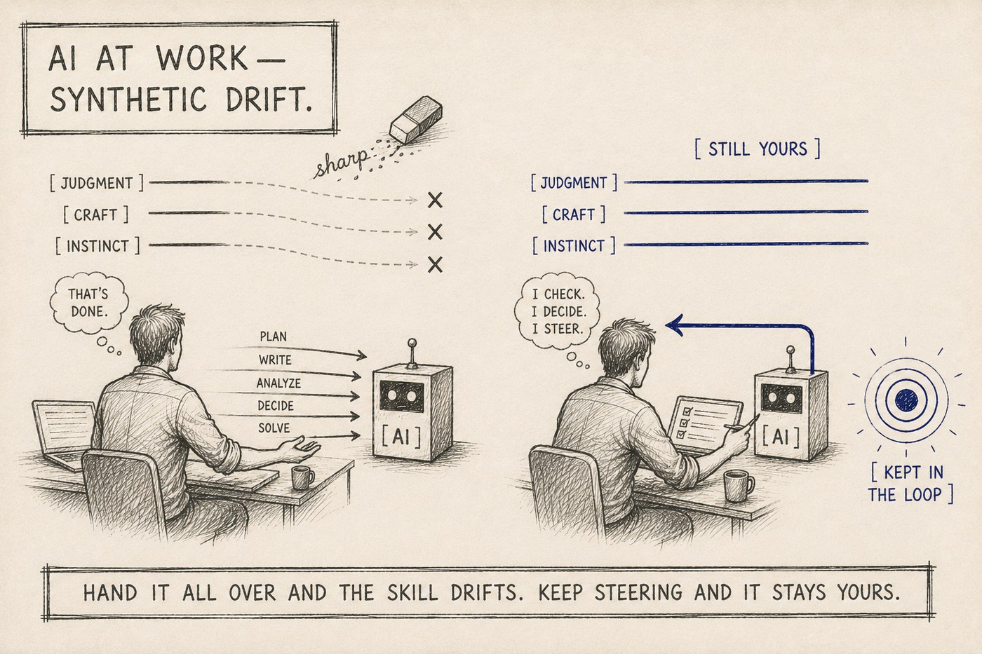 Hand-drawn diagram: a faceless worker hands every task to an AI and their own skill-lines fade to dashed inference, versus a worker who keeps steering — solid navy judgment line staying sharp. Synthetic Drift explained by Dean Grey.