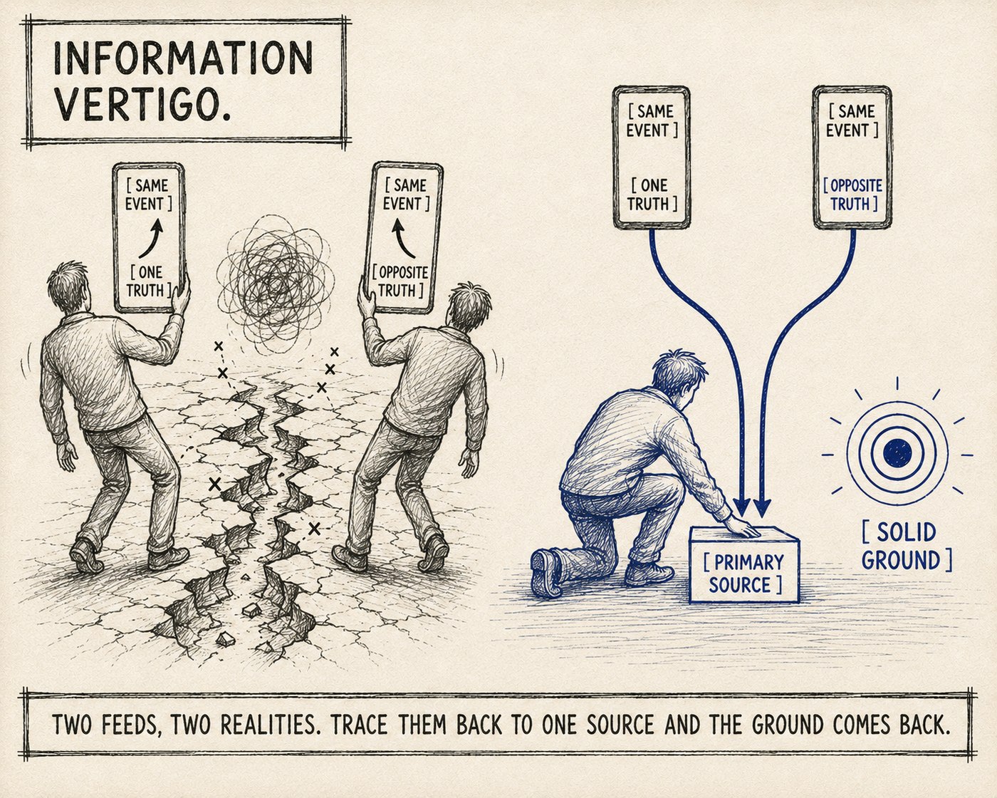 Hand-drawn diagram: two faceless readers look at phones covering the same event from different sources, splitting into two opposite headlines with the ground cracking between them — versus one reader who traces both sources back down to a single solid navy primary source. Information Vertigo explained by Dean Grey.
